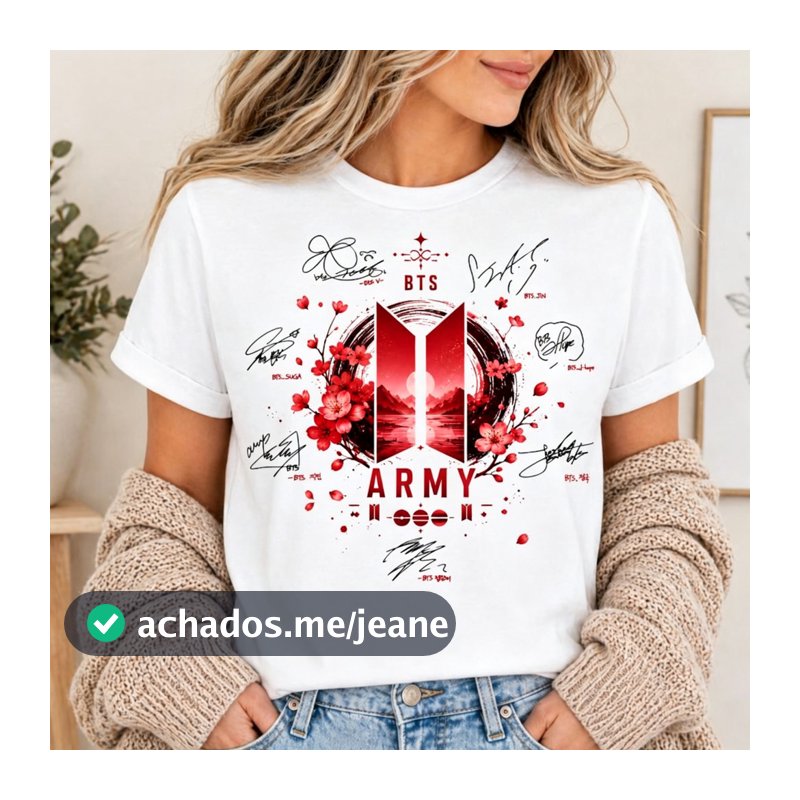 Camiseta Branca Unisex Alta Qualidade Design com logo BTS texto ARMY assinaturas dos membros flores vermelhas moda Kpop