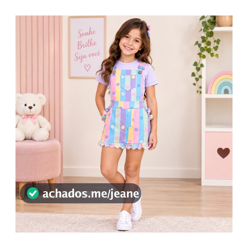 Jardineira Infantil Menina Short Saia Estampada Poá Colorido com Renda
