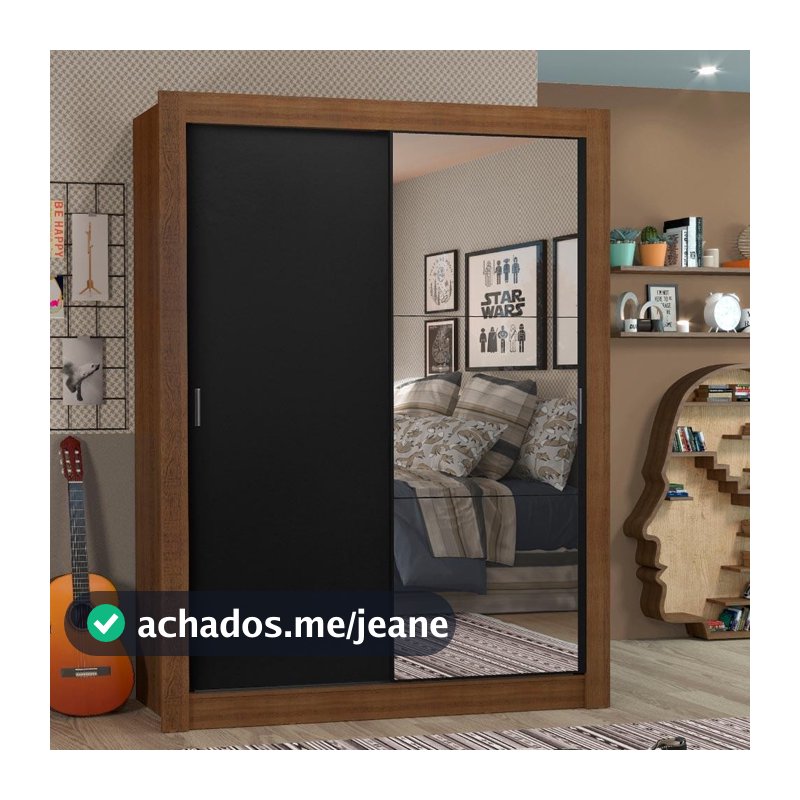 Guarda-Roupa Solteiro Madesa Denver 2 Portas de Correr com Espelho - Rustic/Preto