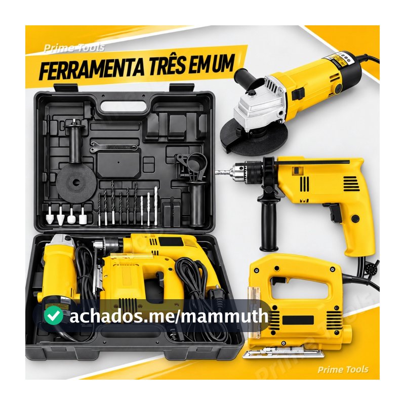 Kit 3 em 1 Furadeira de Impacto 1100W + Esmerilhadeira Angular 1200W + Serra Tico-Tico 950W com Maleta