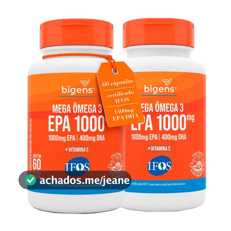 Bigens Kit 2x Mega Omega 3, EPA 1000mg DHA 400mg, com vitamina E, Certificado IFOS, 60 cápsulas