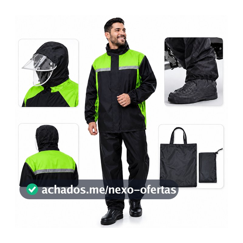 Conjunto Capa de Chuva Motoqueiro Impermeável com Calça Faixa Refletiva Capuz Viseira e Cobre-Sapatos