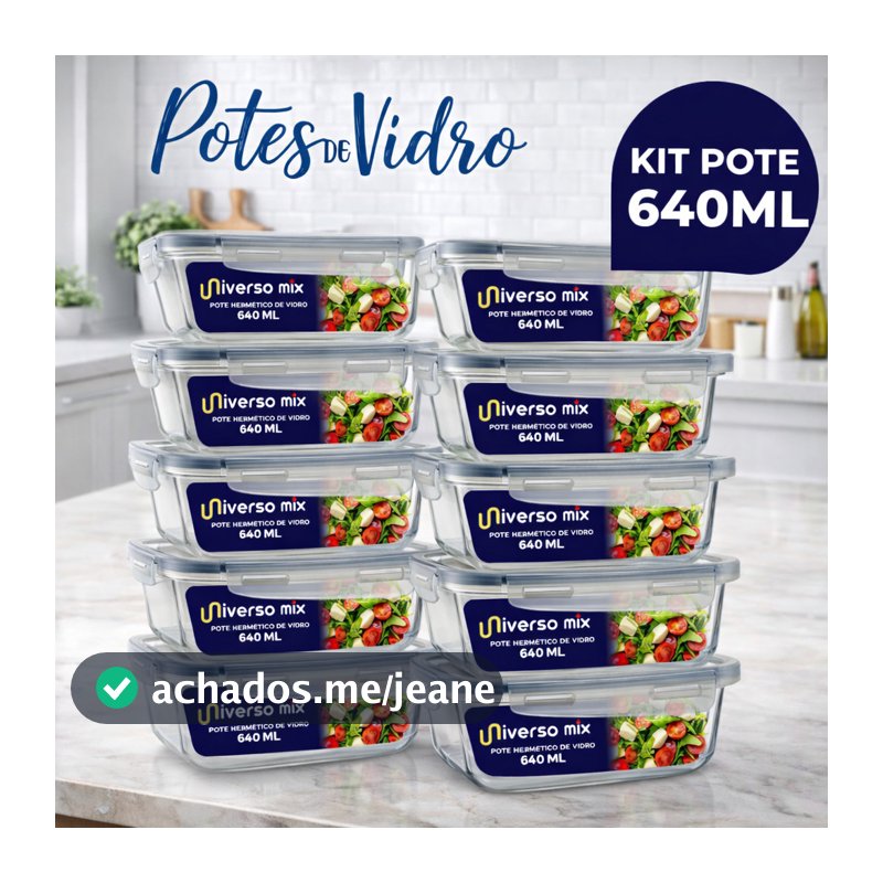 Kit 10 Potes Herméticos De Vidro 640ml Retangular Com Tampa Hermética 4 Travas Marmita Fitness Freezer Cozinha