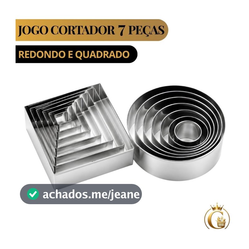 Kit 7 Cortadores de Massa Redondo ou Quadrado em Aço Inox para Confeitaria e Panificação