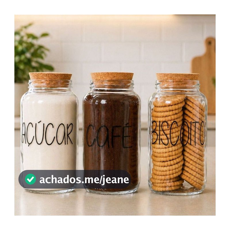 Kit Cantinho do Café + Açúcar + Biscoito | 3 potes de Vidro 810 ml + tampa rolha cortiça| Pote Mantimento