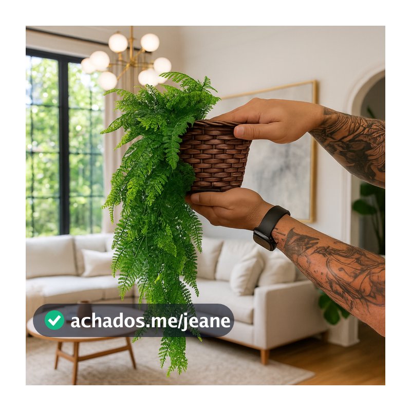 Kit Planta Decorativa: Vaso Trançado Marrom + 1 Pendente Artificial Folhas De Samambaias
