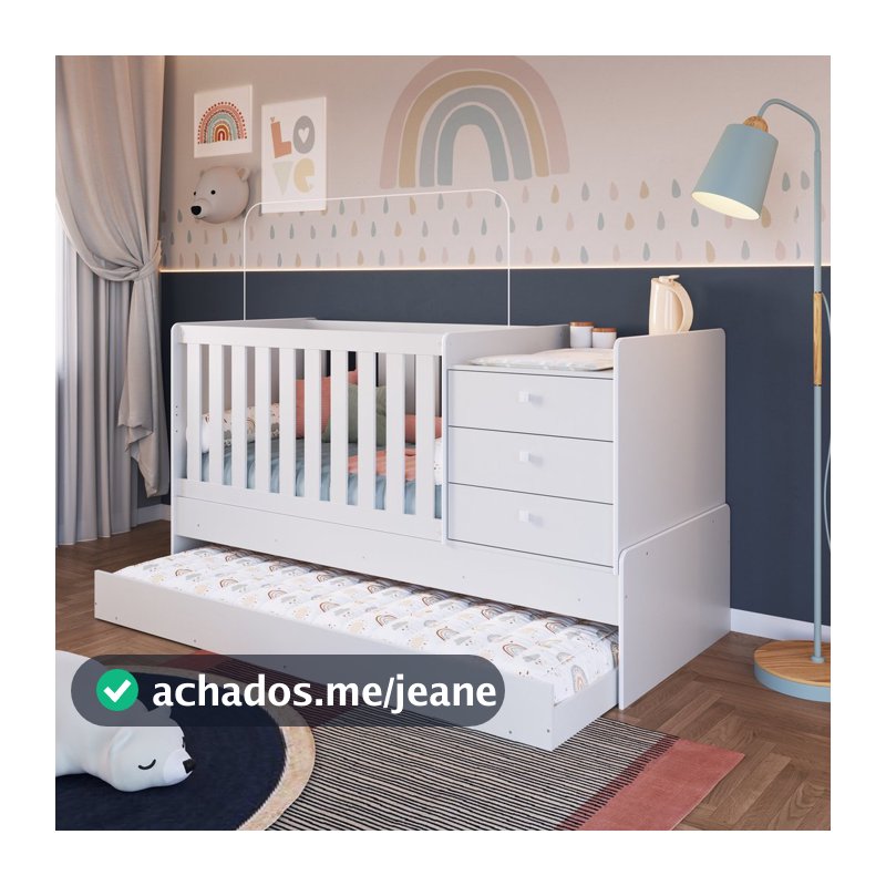 Berço Cama Multifuncional com Cama Auxiliar 3 Gavetas Branco