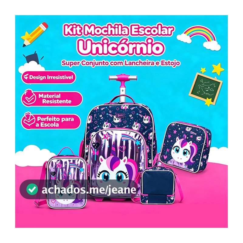 Spector Kit Completo Mochila Rodinhas Lancheira Estojo Unicórnio Menina Roxa Escolar Infantil