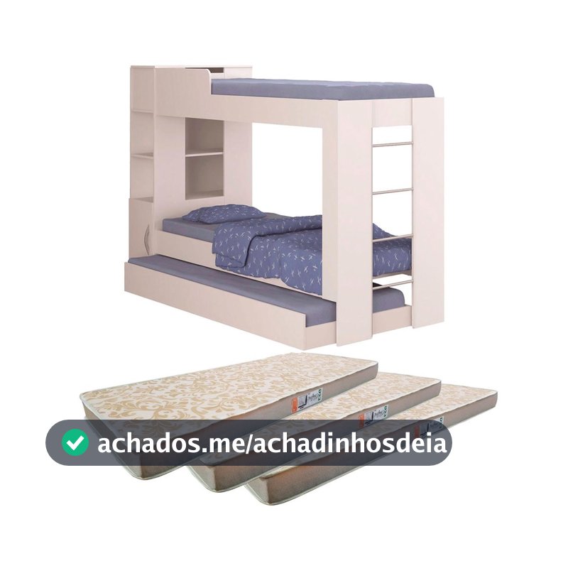 Beliche Cama Aux C/ 3 Colchões Ditália Treliche CM-15 Branco