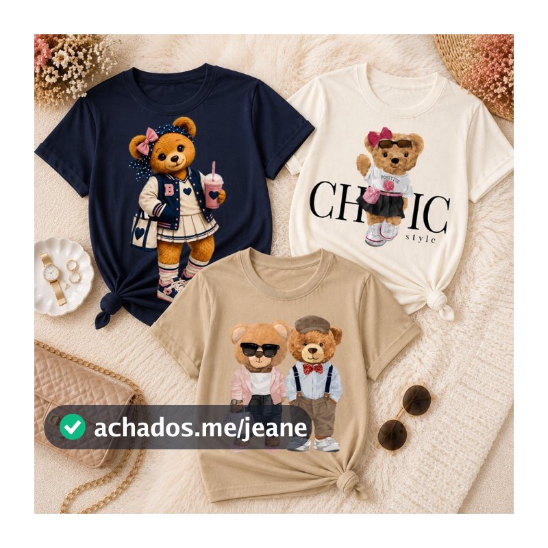 Kit 3 Camisetas Femininas Ursinho Fashion Estampada DTF Casual Premium Tendência