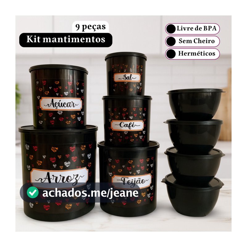 Kit potes mantimentos para cozinha 5 peças + 4 potes redondos