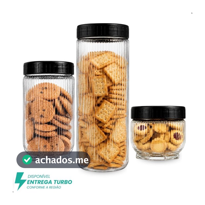 KIT 3 Potes Organizadores de Vidro Herméticos Gire e Trava Praticasa Organização Cozinha Mantimentos