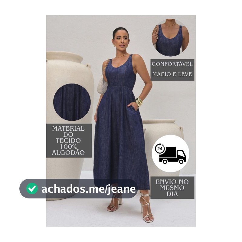 Vestido Jeans Longo Feminino Elegante Com Bolsos e Elastico Nas Costas