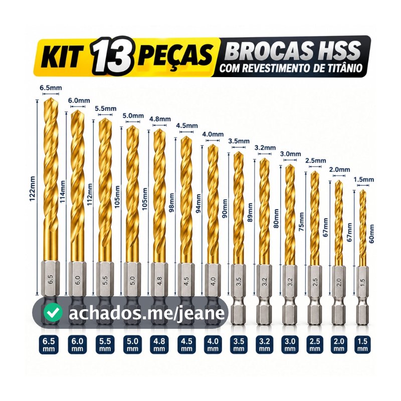 Kit 13 Brocas HSS Titânio com Haste Hexagonal 1/4" Troca Rápida para Furadeira e Parafusadeira Madeira Plástico Alumínio