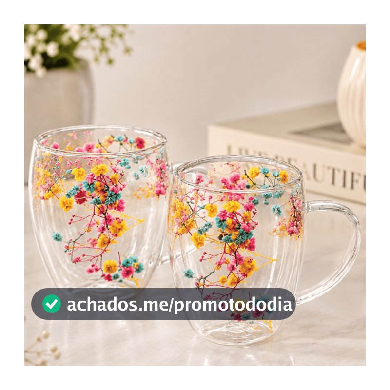 Xícara Caneca De Vidro Parede Dupla Com Flores Seca Caneca