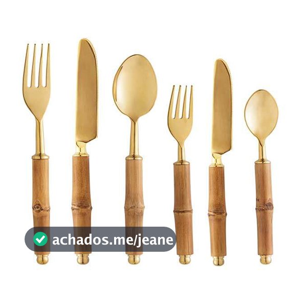 Conj. 6 Talheres em Aço Inox c/ Cabo Bambu Natural Dourado - Wolff