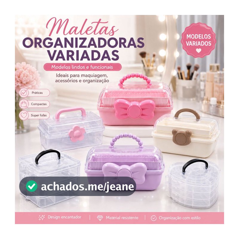 Maleta Organizadora Caixa Com Alça E Divisorias Transparente com Flor Rosa, Urso E Laço Rosa E Lilas