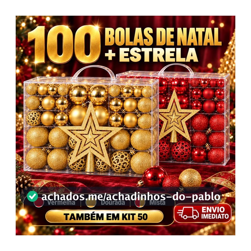 Kit 100 Bolas de Natal E Estrela Ponteira Decoração Enfeite Árvore Fosca Glitter Vermelha Dourada