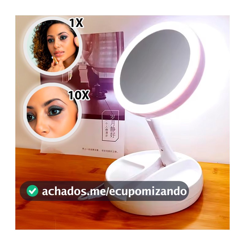Espelho Led Maquiagem Dobravel Dupla Face Aumento 10x Usb recarregável