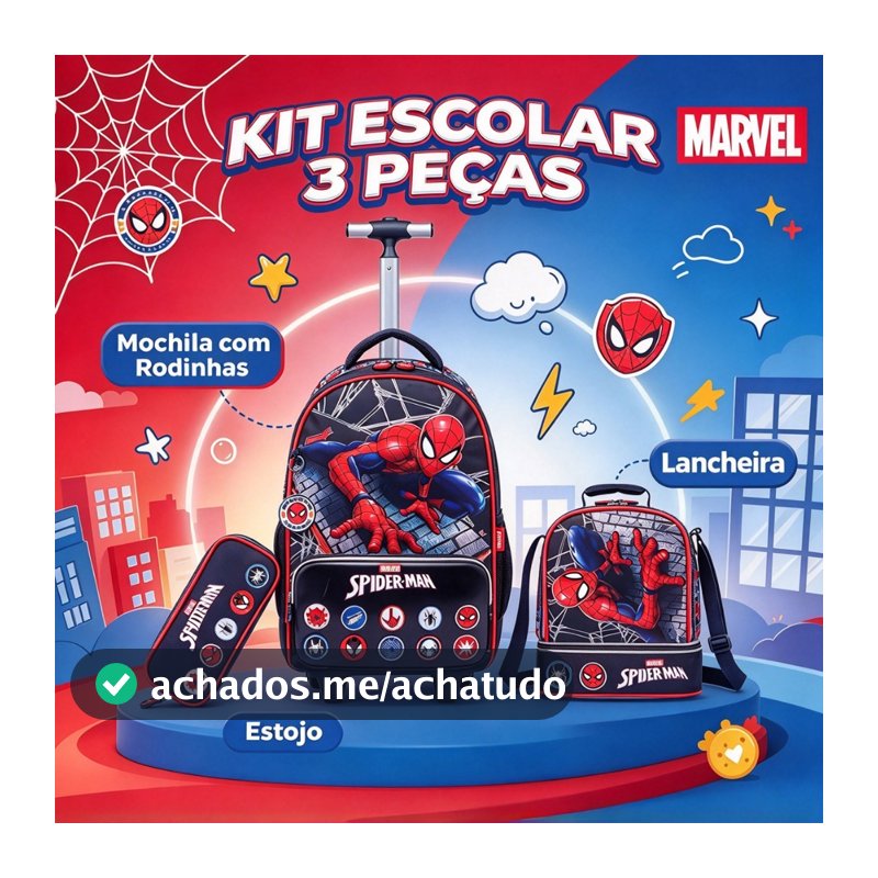 Marvel Kit Mochila Rodinha Homem‑Aranha Oficial 3 em 1 Material Resistente para Menino Infanti Spider‑Man