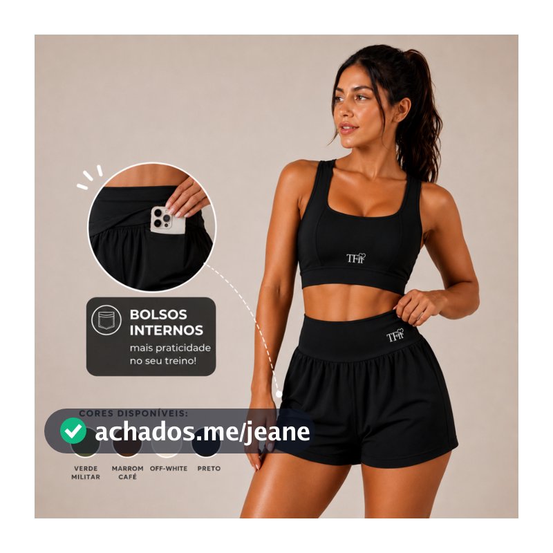 CONJUNTO FITNESS FEMININO DE CORRIDA - TOP COM BOJO REMOVÍVEL + SHORT DUPLO COM BOLSOS