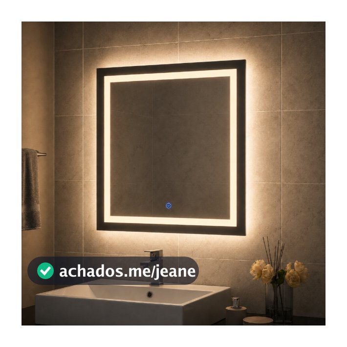 Espelho LED Quadrado 50x50 cm Jateado com Botão Touch e 3 Tons de Luz