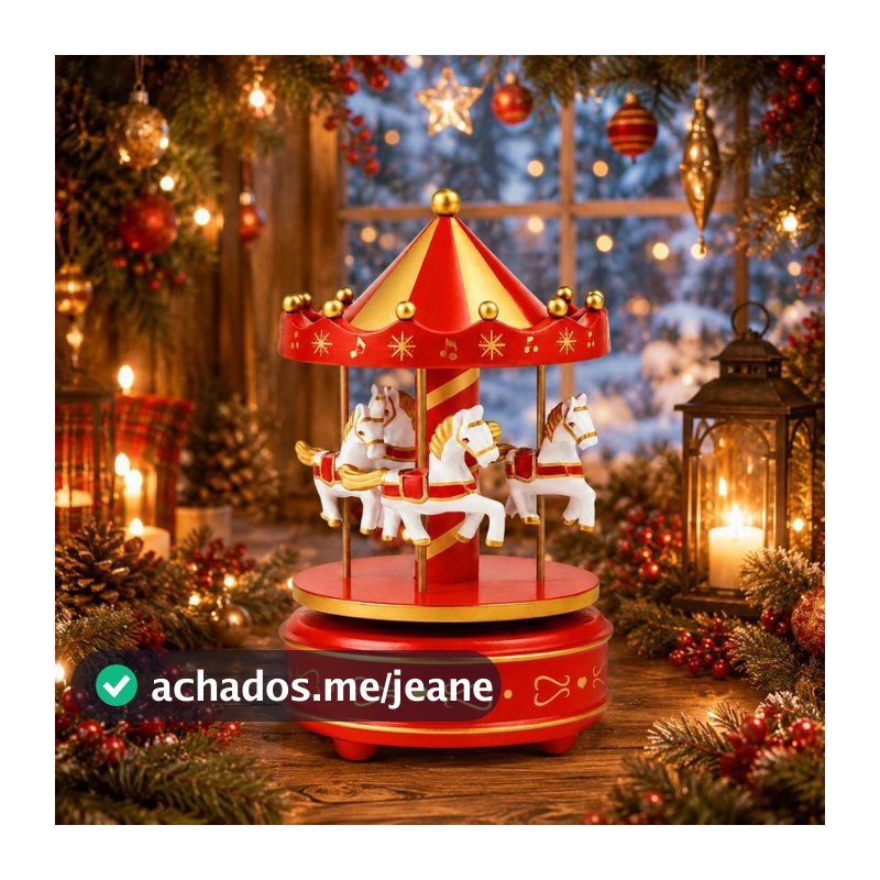 Caixinha de Música Carrossel 16x9cm à Corda com Cavalinhos para Decorar sua Vila Natalina Sem Pilhas