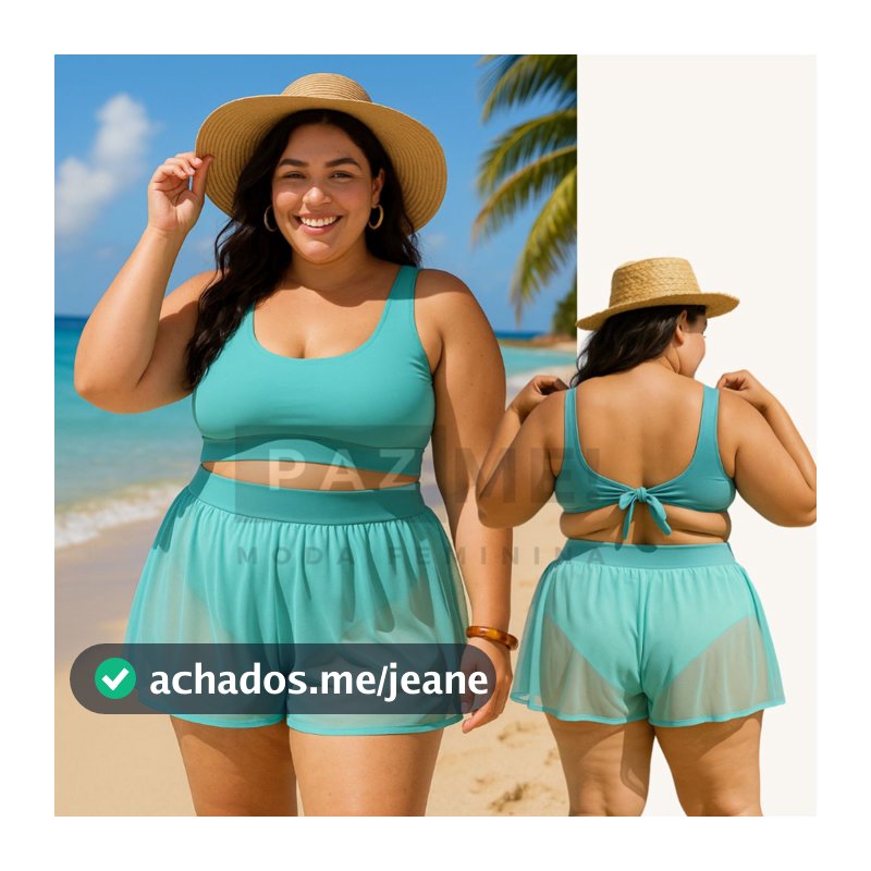 Trijunto Biquíni Plus Size Com Saída Shorts Tule Verão 3 Pcs
