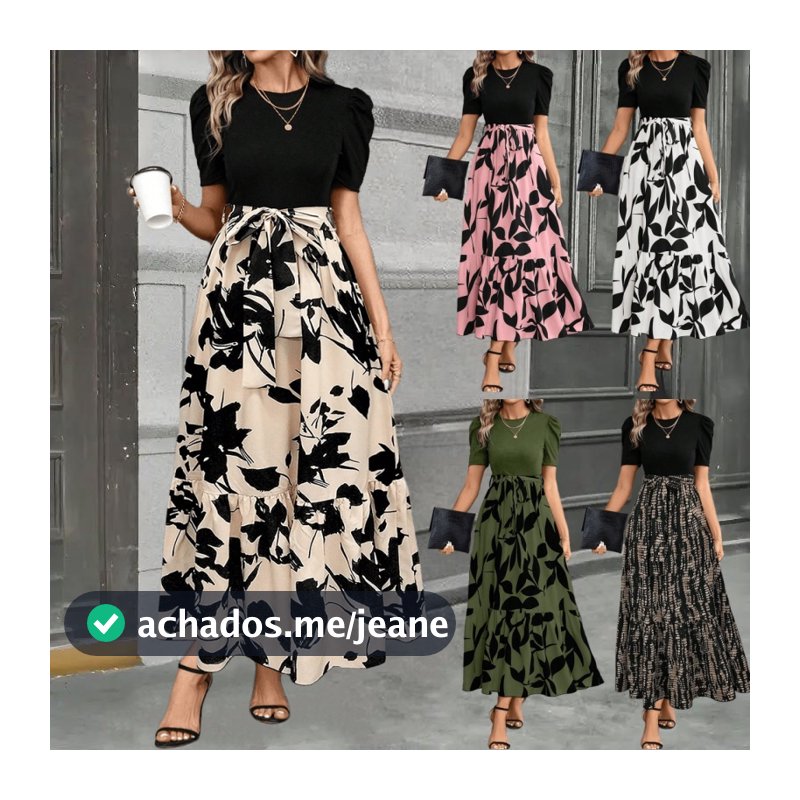 Vestido Longo Estampado Floral Feminino Com Bloco Decote Redondo De Cores Damasco E Cinto Estampado
