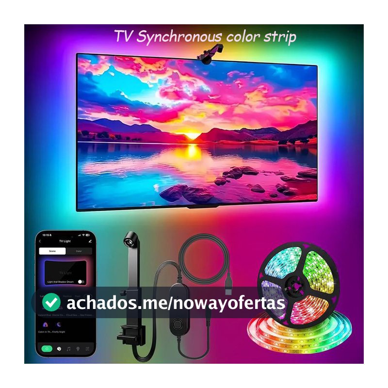 Fita LED TV 5m: Cores por Câmera + Controle App! Efeitos Dinâmicos. TVs 70-85 Polegadas