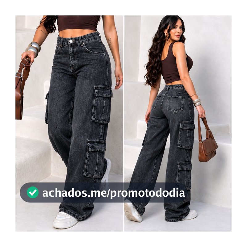calça cargo jeans 8 bolsos 100% algodão