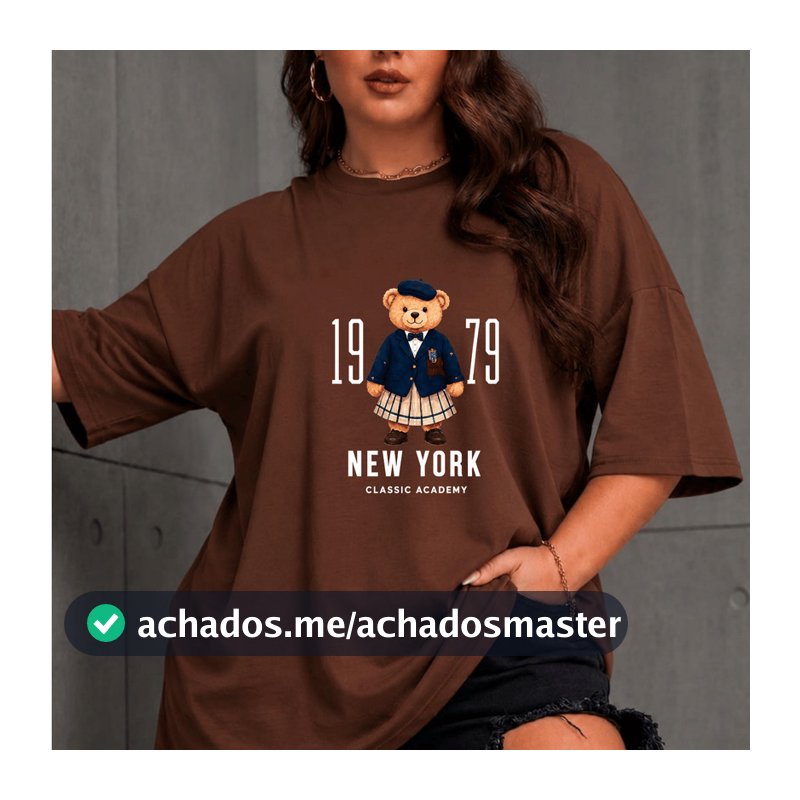 Camiseta Tshirt Feminina Estilosa Estampa Urso New York Camiseta Algodão Camisetão Oversized Plus Size