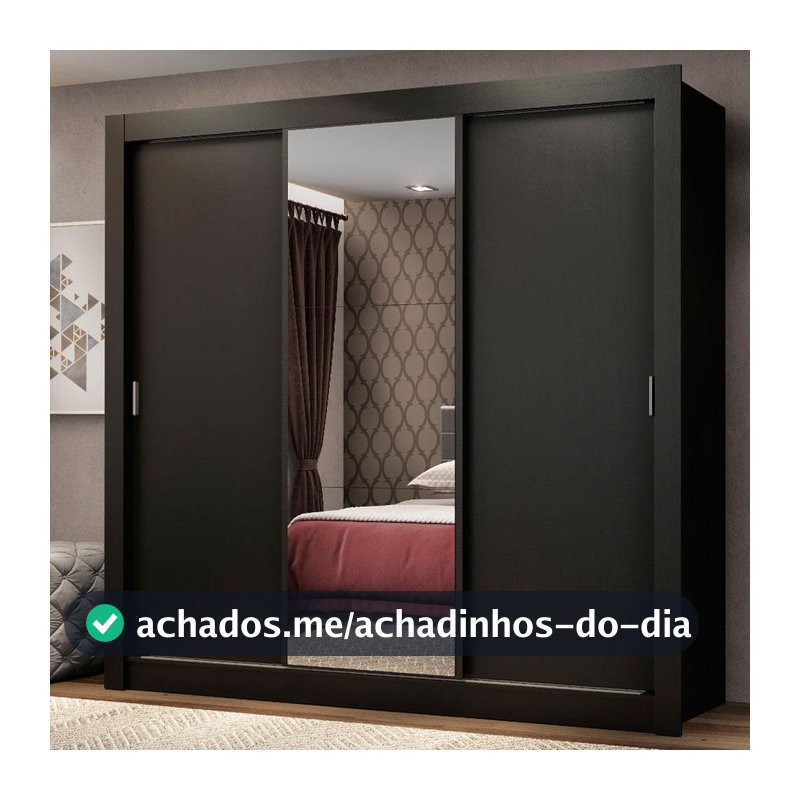 Guarda Roupa Casal 3 Portas de Correr com Espelho Preto Madesa Mônaco