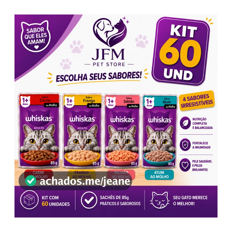 WHISKAS Sachê Gatos Adultos sabor CARNE - FRANGO - SALMAO - ATUM 85g  KIT 60 und