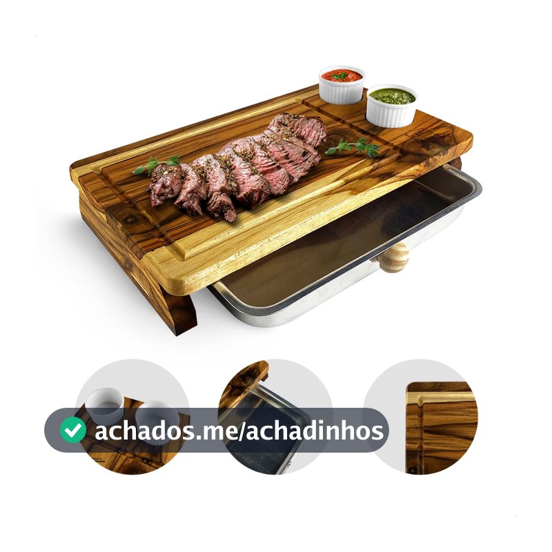 Tábua de Churrasco Inteligente para Cortar Carne com Bandeja e 2 Ramekins 39 x 23 cm