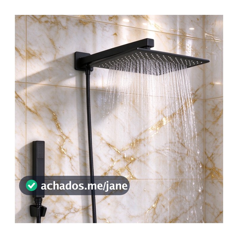 Kit Chuveiro Quadrado 20x20cm Inox Preto, Ducha Manual + Mangueira 1,5m, Banheiro Luxo