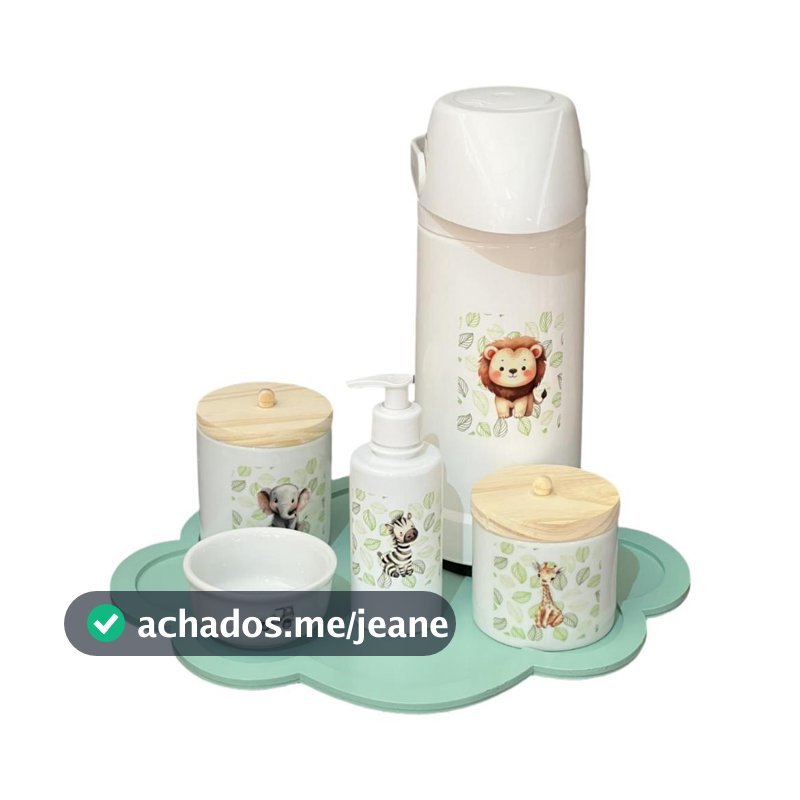 Kit Higiene Bebê Porcelana Safari Bandeja Pinus Adesivo Dtf Uv Com Nome Personalizado Garrafa Pump Bandeja Verde