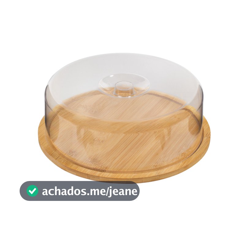 Boleira Bambu Com Tampa Em Acrílico Porta Bolo Para Bolo Torta Pudim Queijo 28cm