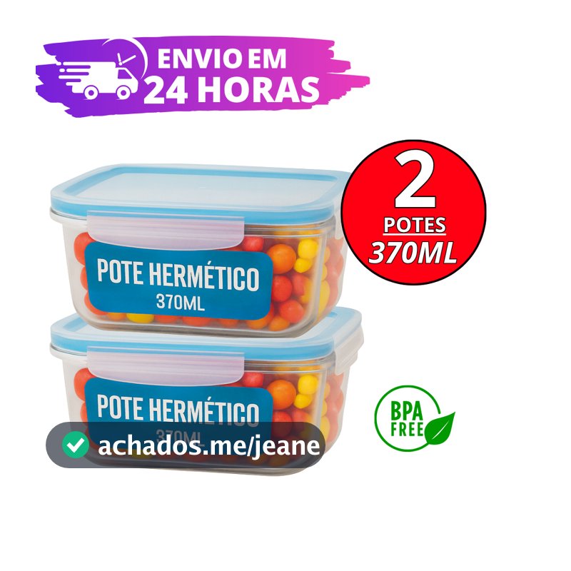 Kit 02 Potes Vidro Resistente 370 ML C/ Tampa Hermético Marmita Fitness Freezer Micro-ondas