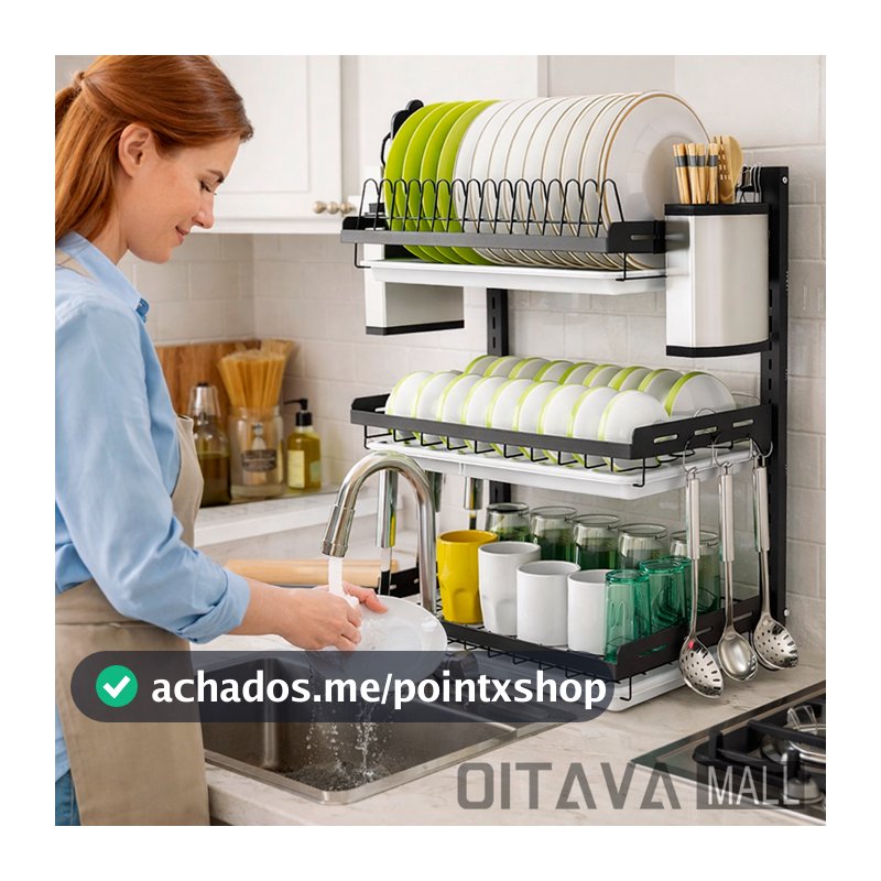 Escorredor De Louças 3 Andar Aço Inoxidável Organizador Moderno Com Porta Talher e Bandeja