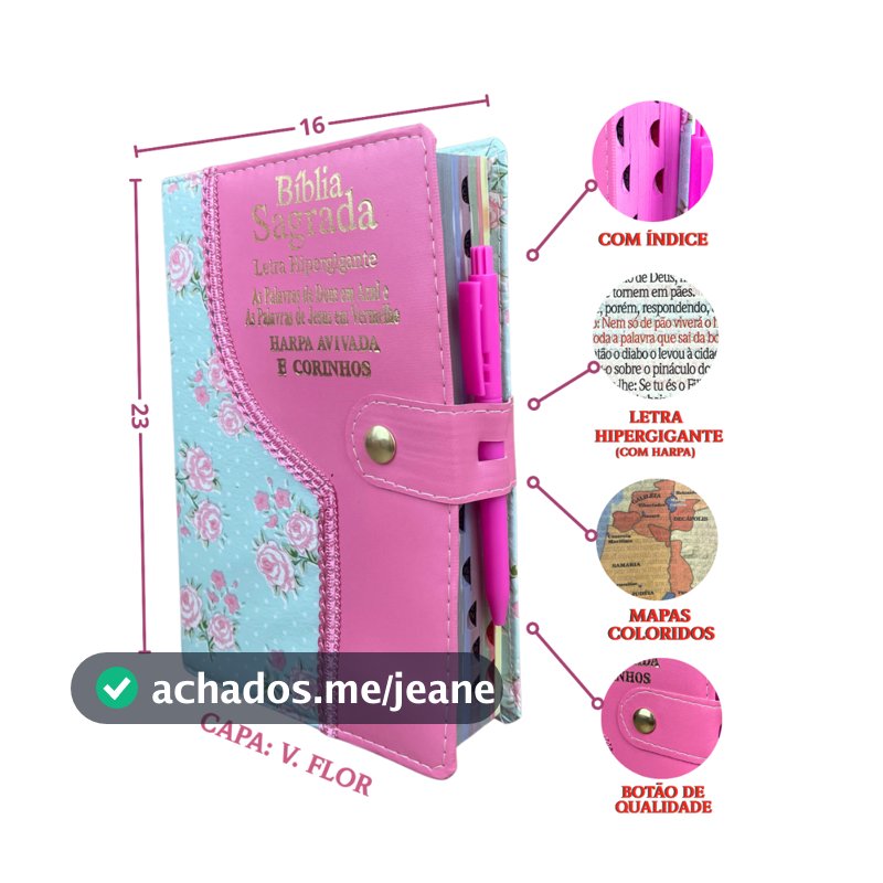 Bíblia Hiper Gigante Feminina Palavras Jesus Vermelho Harpa Cristã Botão Rosa Verde Índice