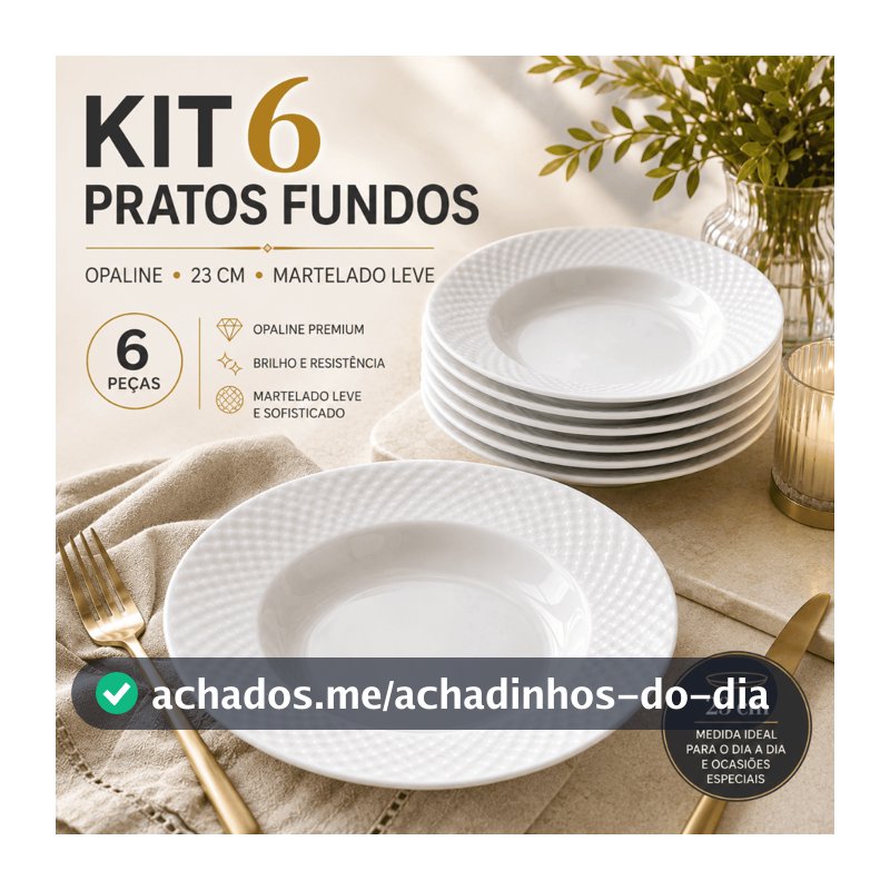 Kit 6 Pratos Fundos 23cm Opaline Branca Borda Martelada