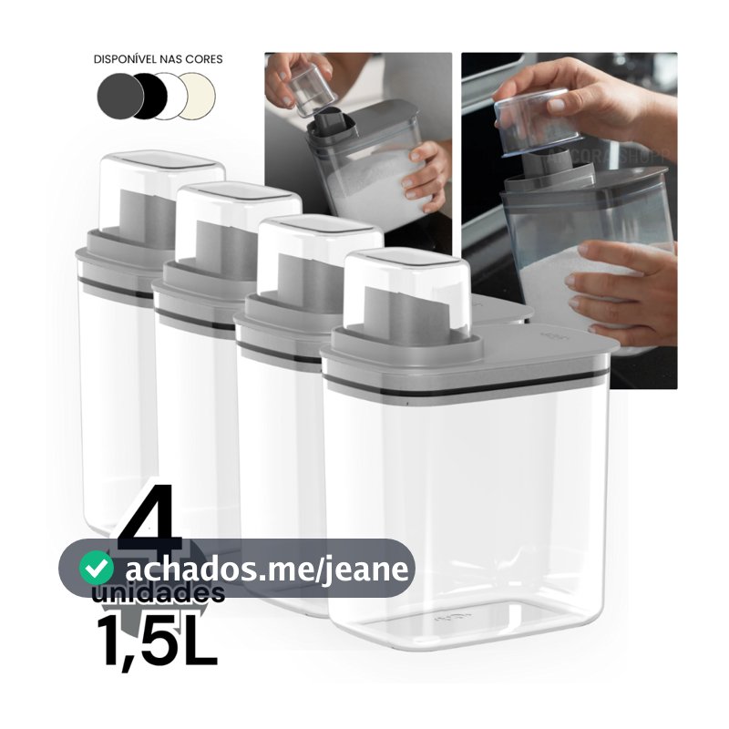 Kit 4un Dispenser Flow 1,5 Litros Porta Sabão Líquido em Pó Amaciante Alvejante Organizador Armário de Lavanderia