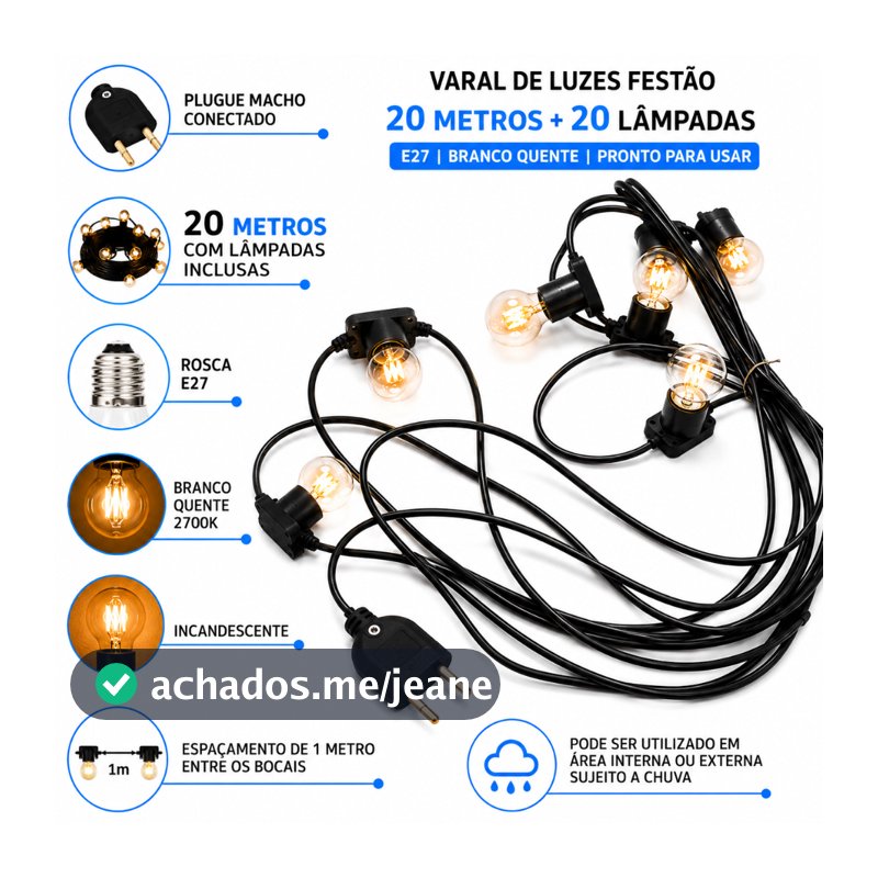 Varal De Luzes Festão 20 Mts Com 20 Lampadas Inclusas