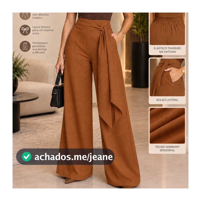 Calça Pantalona Alfaiataria com Elástico Traseiro e Laços Laterais Tecido Sensorial Marrant Conforto e Sofisticação