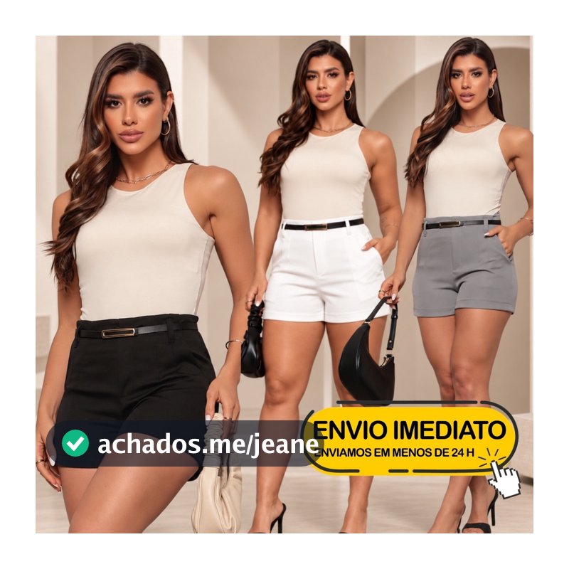 Shorts Feminino Alfaiataria com Bolsos e Cinto Elegante