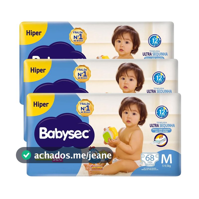 Kit Fralda Descartável Babysec UltraSec Hiper M Com 68 Unidades - 3 Unidades