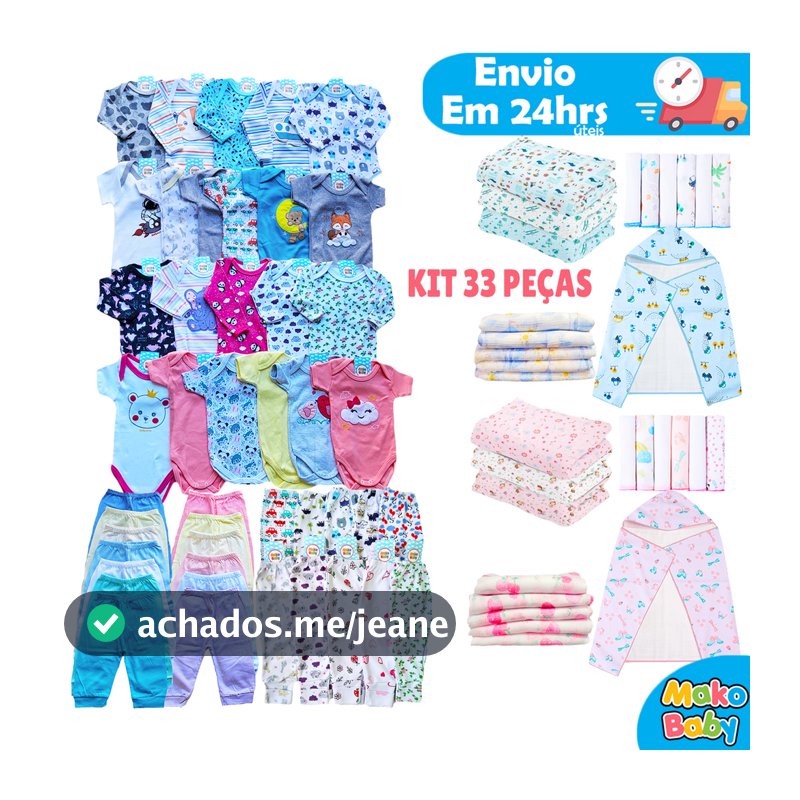 Kit 33 peças Enxoval Bebê Kit Maternidade Roupa Bebê Recem Nascido Menino e Menina 100% Algodão