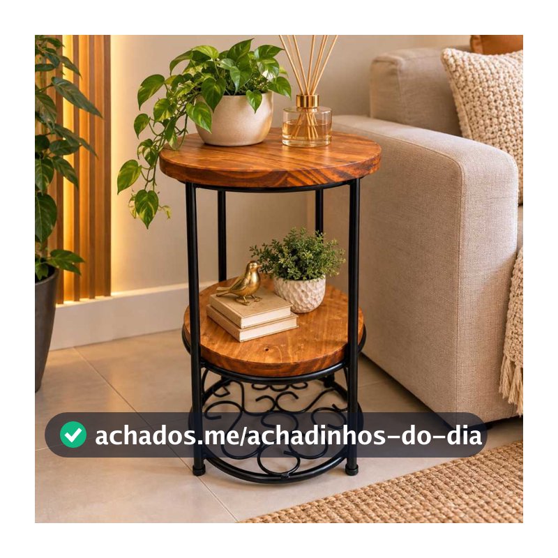 Mesa Lateral criado mudo Redonda Ferro e Madeira Rústica para Sala e Decoração