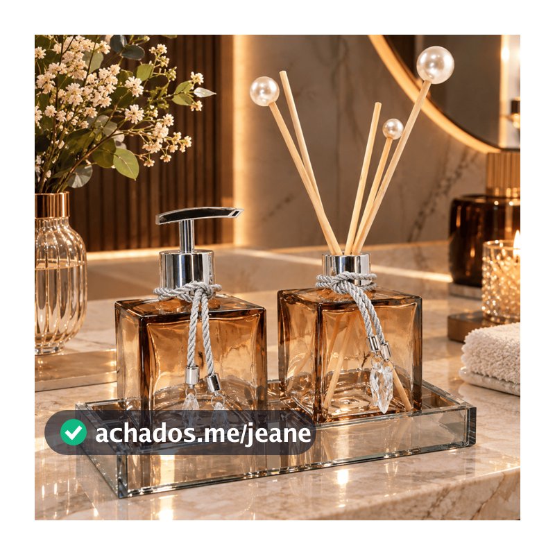 Kit Lavabo Luxo Vidro Completo Com Bandeja Difusor Aromatizador Saboneteira Ambar Vidro Branco Aroma